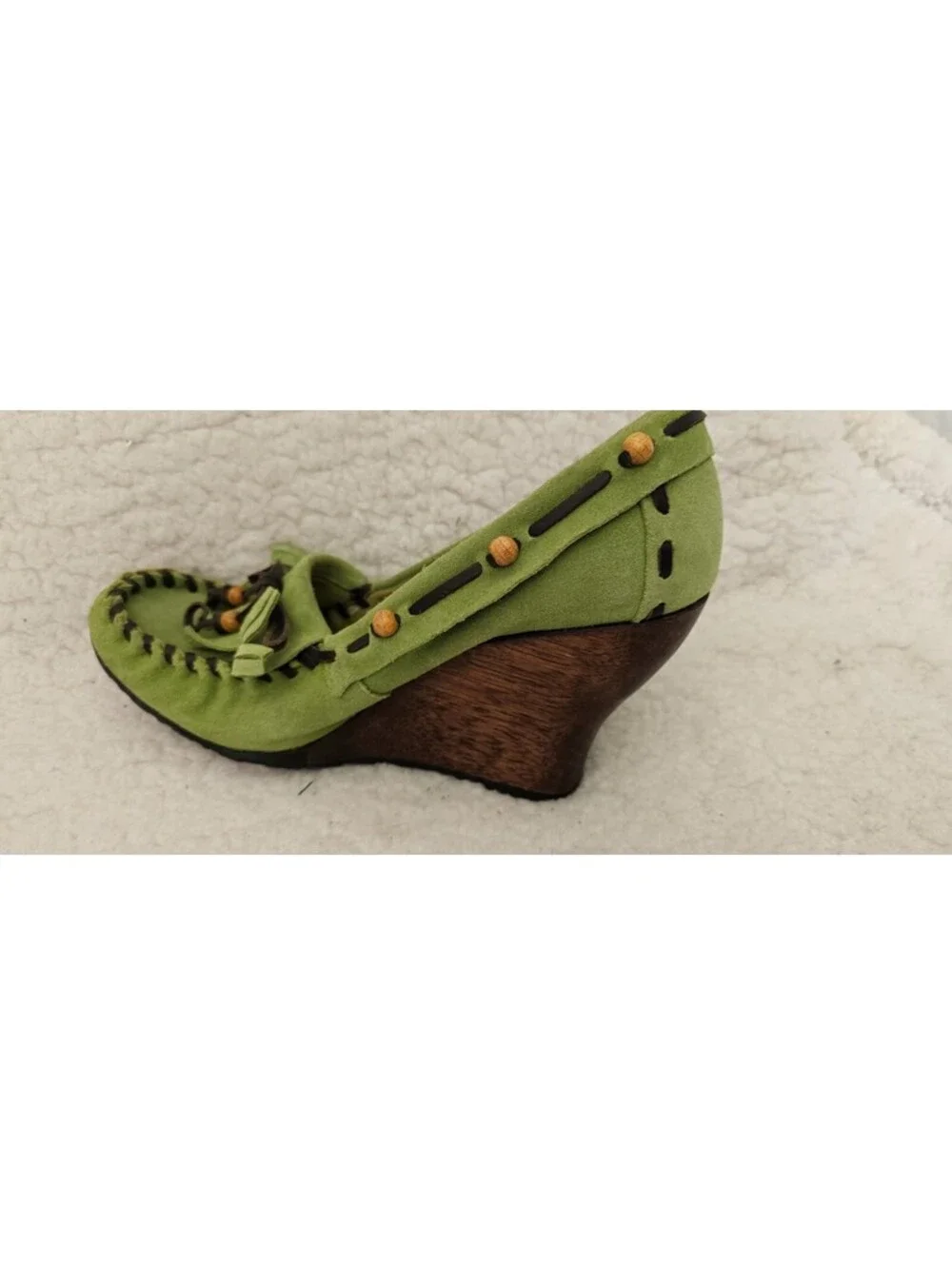 Sam Edelman Leather Wooden Heel Wedge Shoes Moccasins Green Size 8.5 M Slip On - Picture 5 of 15